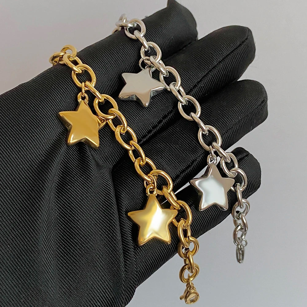 🍒Chunky star bracelet thick stainless steel pendant chain silver bracelet for women gold plated stars wrist jewellery you will be STAR-tled When You Get This
