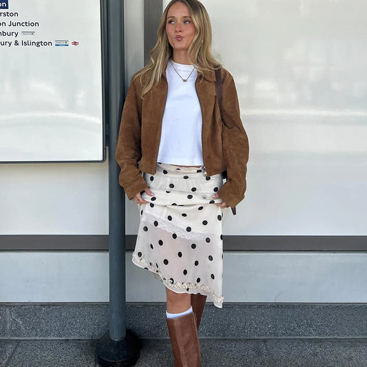 🍒Polka dot high waist skirt womens chiffon lace skirt over knees fashion office lady elegant a-line summer wear No Polka -ing Fun At This Fun Polka