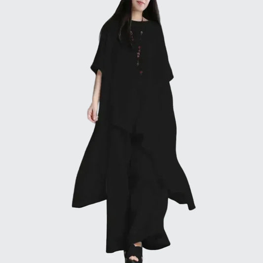 🍒Two-piece set for women shirts and pants outfit holiday cotton linen style wide leg trousers and asymetric top short sleeve blouse suit summer clothing Layback Loose Linen-y Lovely