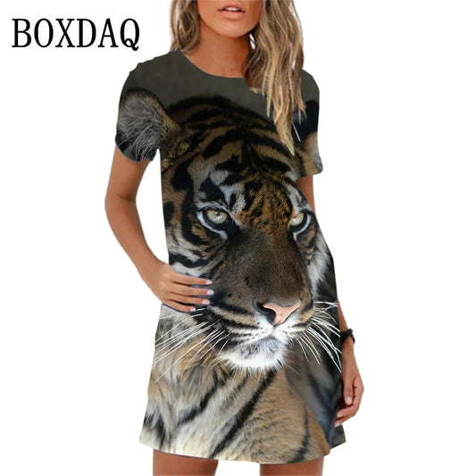 🍒Fashion mini dress tiger print short sleeve summer outfits casual oversized a-line mini outfit casual womens animal clothing Tick A Tigger