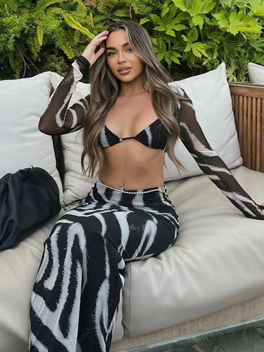 🍒Stripe two piece set skirt contrast colour animal zebra print chiffon top party bra outfit crop top and matching fitted maxi skirt suit Hot Girl Cool