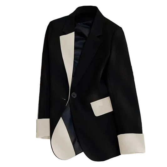 🍒Fashion blazer jacket spring autumn long sleeves black jacket contrast patchwork office cothes for women outerwear smart casual suit coat female chic fashion Turn Up In Your Contrast