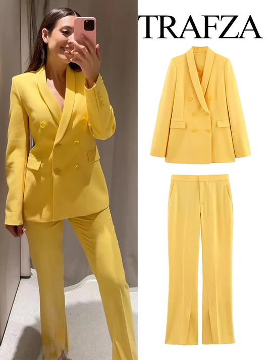 🍒Double breasted long sleeve blazer women's spring summer blazers lapel collar suit and mid waist zipper flared pants smart casual wear YEL out and bend LOW when you get this