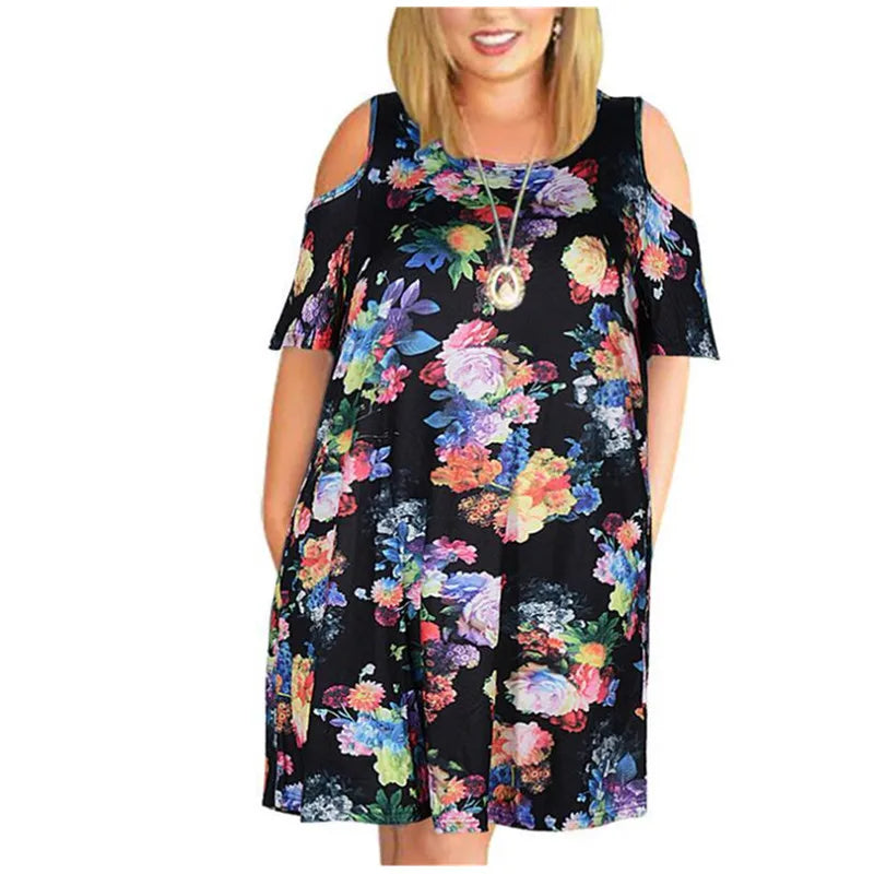 🍒Floral print dress elegant party dresses for women smart casual plus size clothing cold shoulder floral fashion retro short sleeve summer dress Get Beachy Vibes In A Cold Shoulder