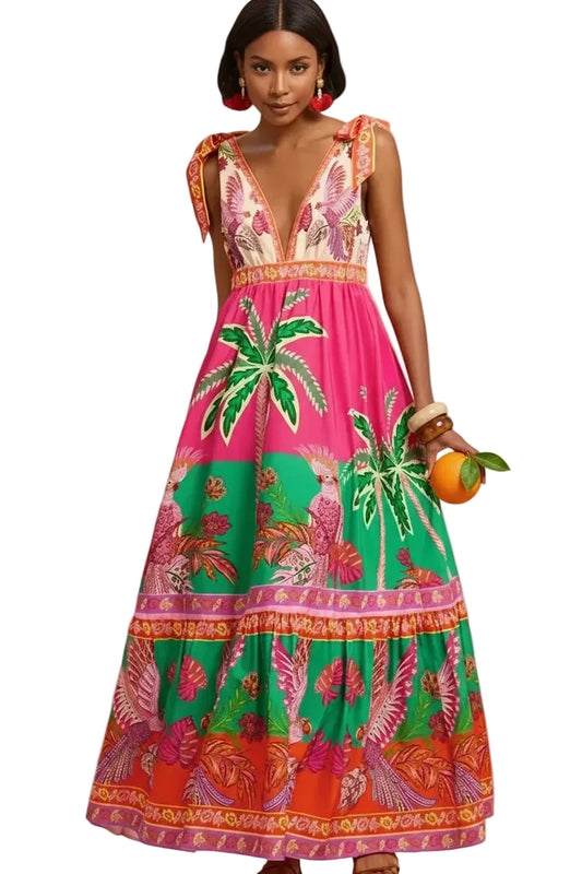 🍒Print sleeveless outfit swing dress v-neck women maxi high waist fashion holidays summer wear beach wear Shore Thang