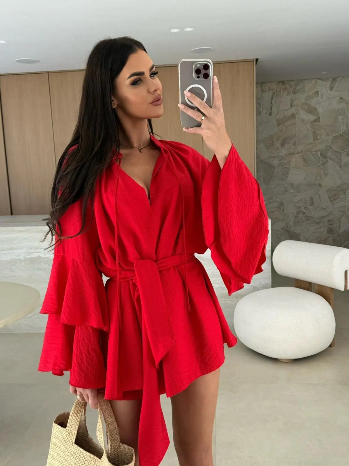 🍒Elegant fold dress women brown deep v-neck long sleeve mini dress female spring summer loose fashion clothes party occasion wear Blouse Up In a Dress