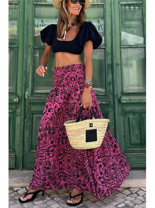 🍒Printed summer skirt boho summer fashions casual wear clothing beach party clothes loose a-line travel skirt elegant bohemian style wear Peacock In Pretty Pinks