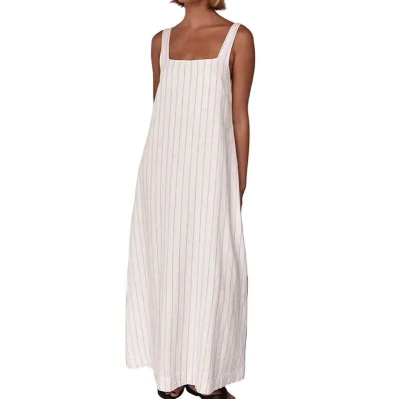 🍒Casual square maxi dress style long striped outfit wornen straps square neck beachwear clothing elegant loose sundress