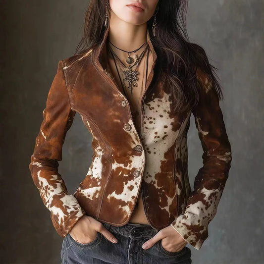 🍒Casual Jacket for women fashion brown animal print long sleeve jacket lapel styles and stand up collar slim blazer suits smart casual Cute Cow