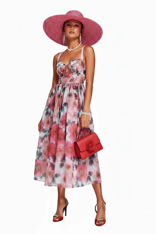 🍒High waist party dress with bodice and full skirt elegant floral print for summer fashion sleeveless a-line dress off shoulder outfit women Fun Floaty Floral