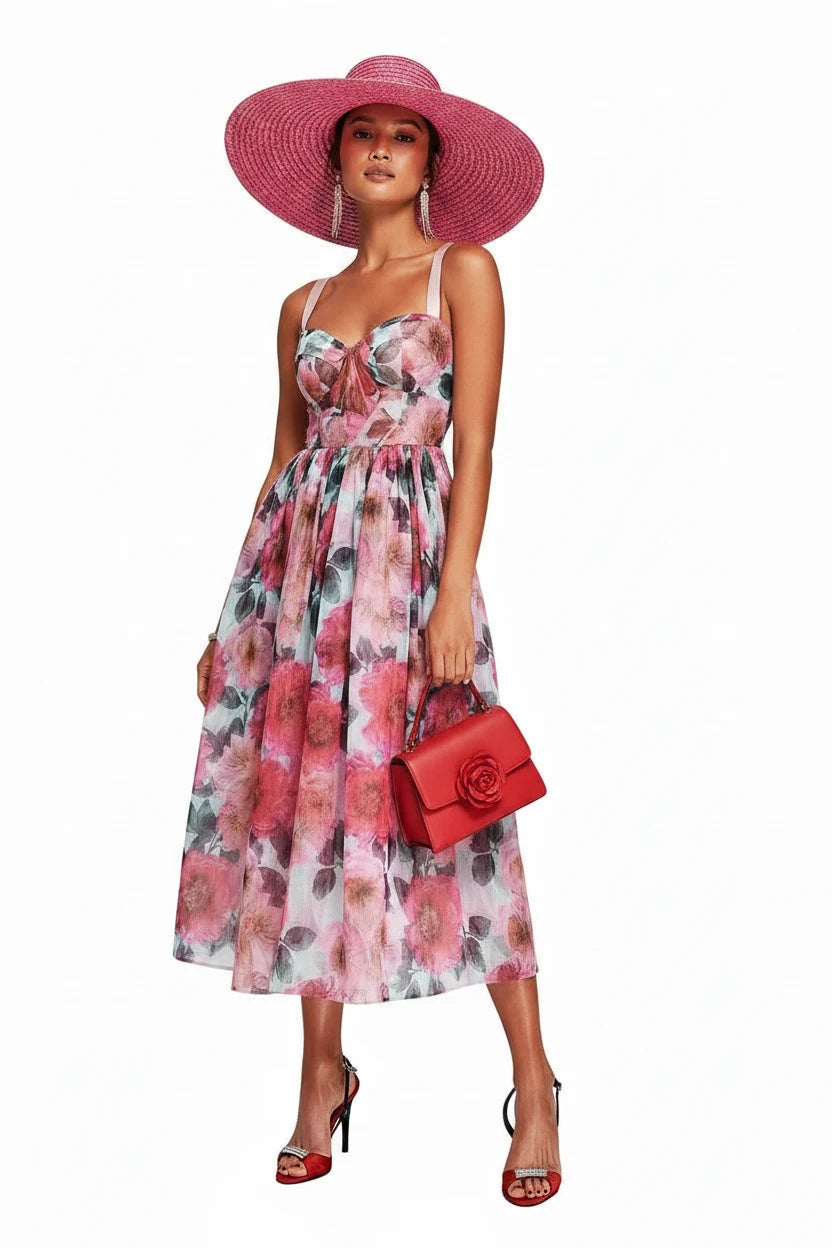 🍒High waist party dress with bodice and full skirt elegant floral print for summer fashion sleeveless a-line dress off shoulder outfit women Fun Floaty Floral