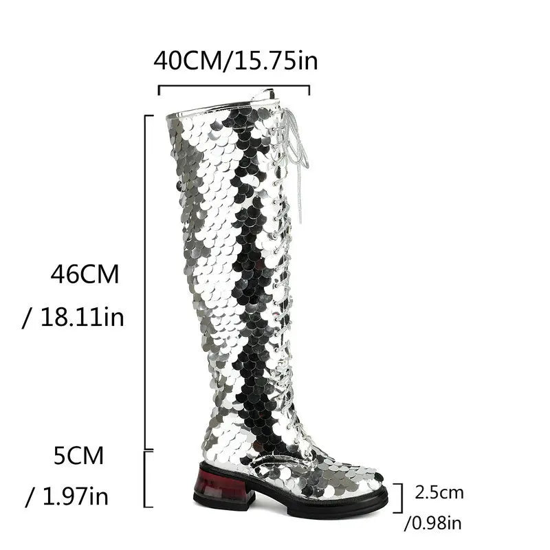 🍒Womens chumky boots over the knee zipped thick bottom sequined boots silver 5CM block heel club party long metalic footwear round toe plus size Road Block Blocks