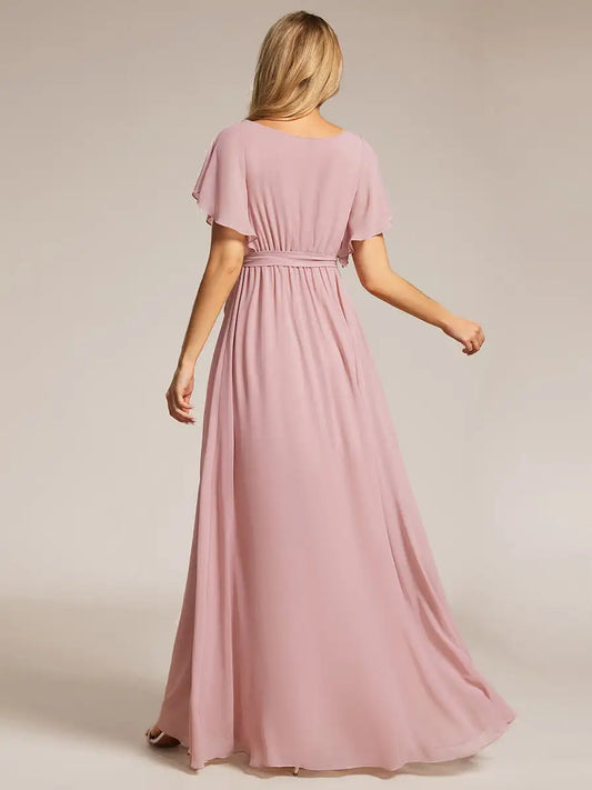 🍒Elegant evening dresses deep v- neck ruffles sleeves outfit floor-length gown wedding guest pretty chiffon dusty rose prom outfit Party In Pastels