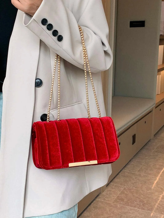 🍒Velvet square bag red shoulder crossbody bag fashion dating gift Bag with chain strap for women evening clutch for occasion RED- irect Your FASHION