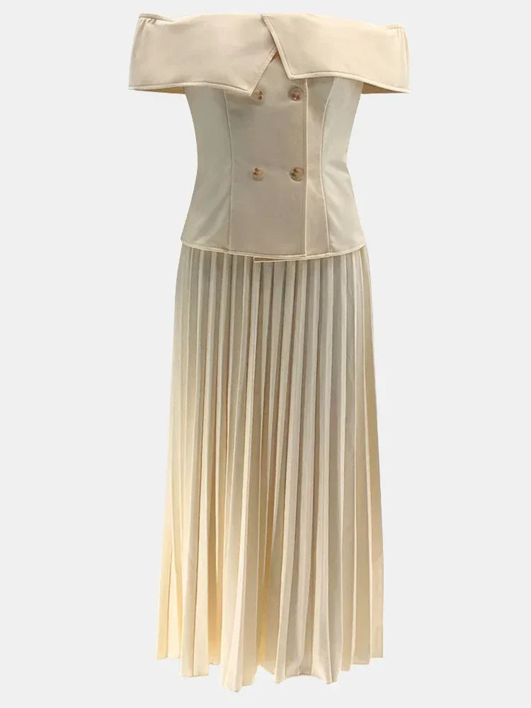 🍒Fashion two piece outfits with long pleated skirts maxi fashion and Off-shoulder top matching sets neutral clothing for women party formal wear party occasion wear Cool off with Ice Cream
