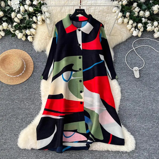🍒Plus size pleated shirt dress color block outfits loose one size fits all stretch cardigans smart casual clothing women