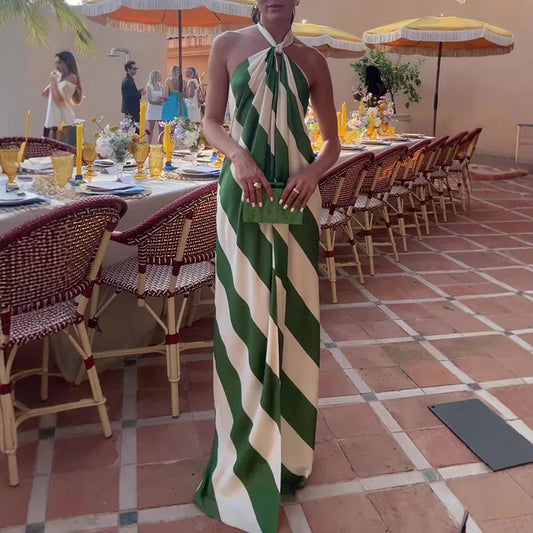 🍒Halter striped dress for holiday chic pleated backless outfits sleeveless summer wear party occasion clothing Eat Your Greens In Your Dinner Dress Green