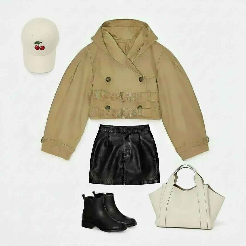 🍒Hooded trench coat women casual puff sleeve outerwear. double breasted belted cropped Jacket khaki fashion clothing 2.long trench version Travel Along Cool Double Belt