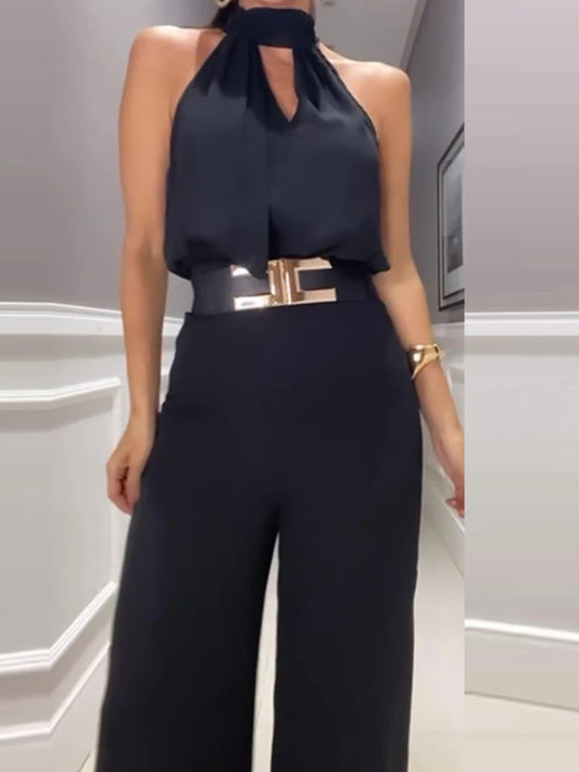 🍒Womens two piece sets lomg pants and top round neck sleeveless set solid casual hollow out tank and wide leg long pants elegant occasion party wear Top Trouser Top Shop