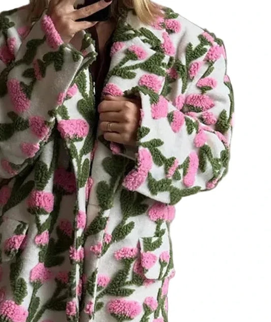 🍒Flower fleece jacket woman loose lapel long sleeve coat single breasted casual coat unique 3D floral outerwear clothing Floral Fashion Fun Fleece