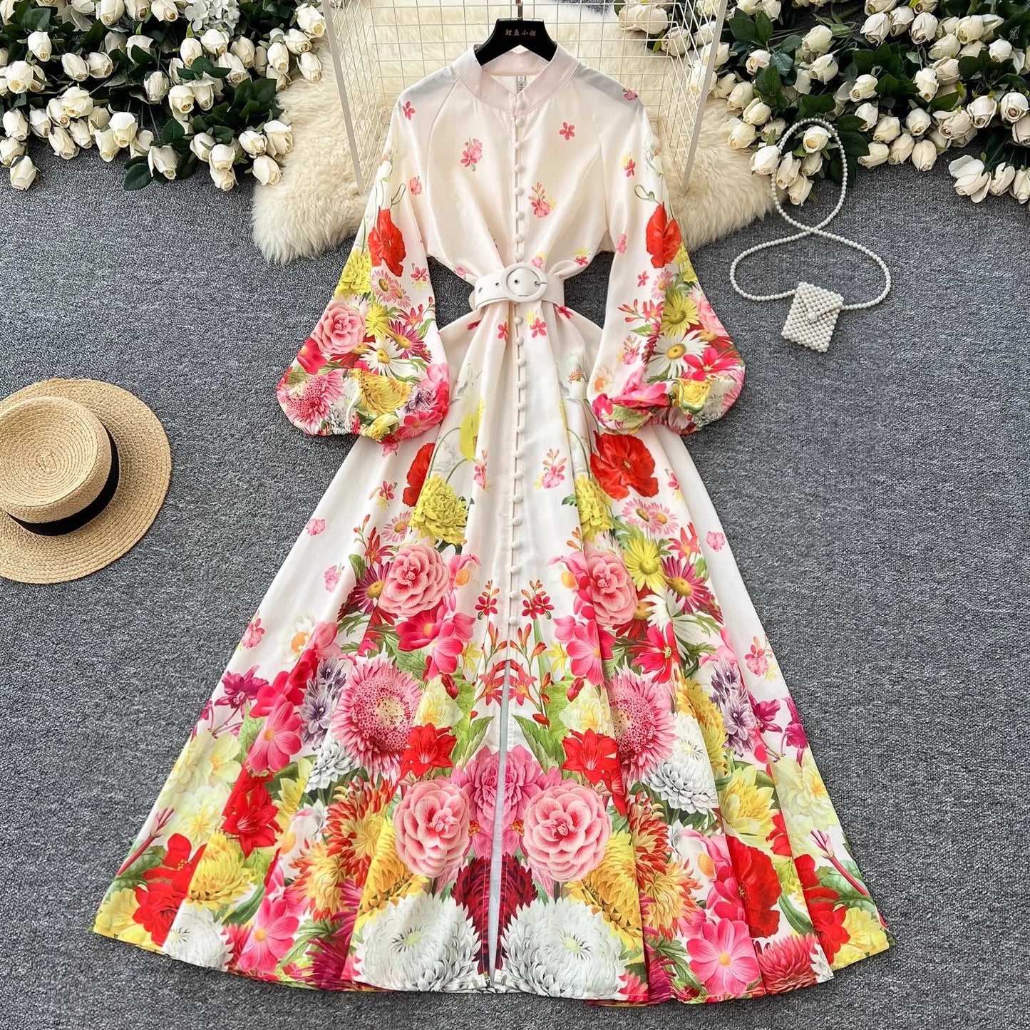 🍒Floral print maxi dress puff sleeve pattern womens stand collar outfit with flowers belt single breasted shirt dress gorgeous prom party wear occasion fashion wedding guest clothes Get Pink Lemonade At A Garden Party