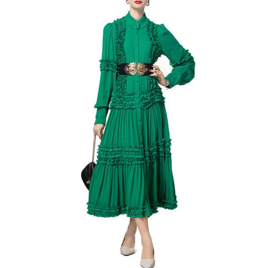 🍒 Stand collar ruffle hem maxi dress long sleeved single breasted shirt dress large belted swing dress smart casual clothing women Vibe In Verdigri