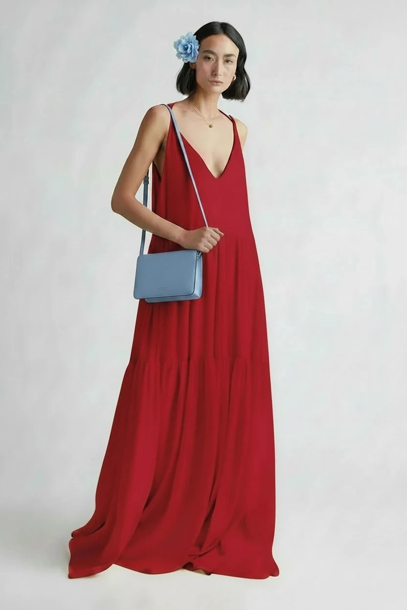 🍒Womens casual long dresses spring double v neck backless summer dress loose sling outfit beach wear holiday wear maxi fashion Fashionably Fancy