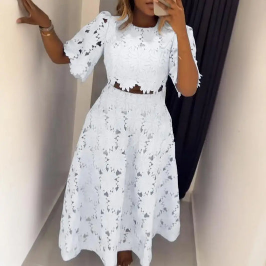 🍒Women's 2 Piece skirt set lace flower top and matching skirt smart casual outfits for women short sleeve round neck top and high waisted maxi skirt summer vacation clothing Get Laced In Colour