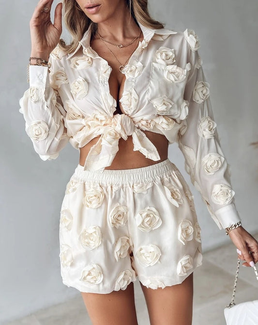 🍒Two piece sets women flower-embroidery floral fashion turn-down collar shirt buttoned and high waist shorts with pockets design smart casual clothes Pretty Cut Rose