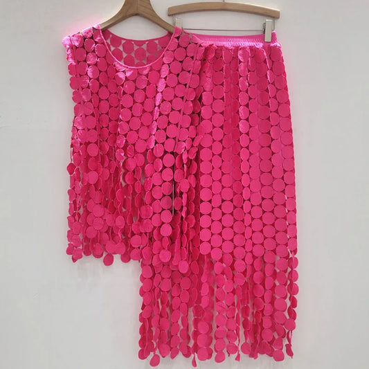 🍒Summer two-pieces set loose lace vest and high waist elastic skirt smart casual women female occasion wear party outfit Get A Lot Dot