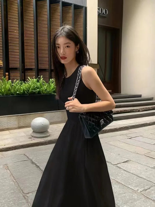 🍒Long dresses high waist summer round neck maxi dress sleeveless women fashion simple style elegant long black outfit smart casual wear