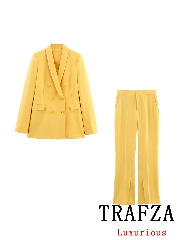 🍒ladies office trouser suit yellow colour solid set v double breasted jacket with pockets blazer + flared loose pants vintage suits women CAN this v -ARY quick