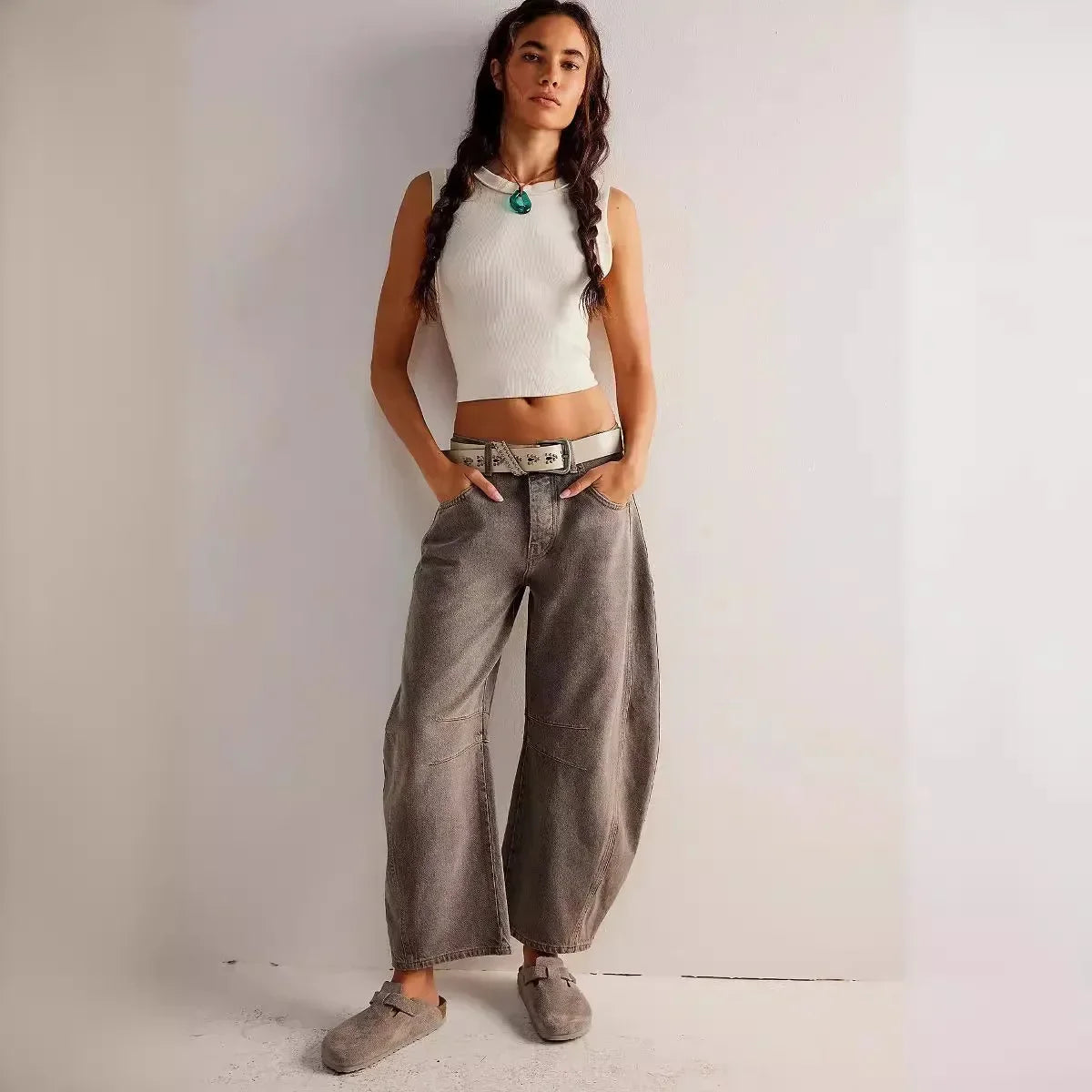 🍒Loose mid waist Jeans bleached denim style full length pants fashion solid colour trousers with pockets casual wear for women Barrels Of Style