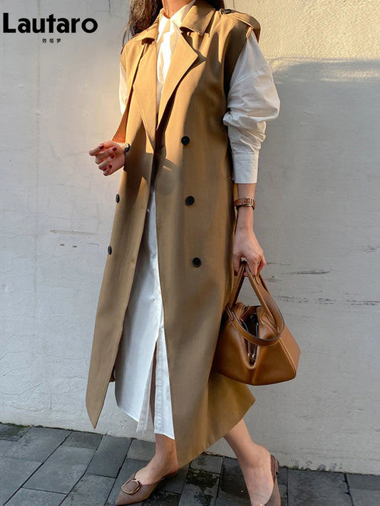 🍒Sleeveless trench coat for women with belt double breasted long vest maxi outerwear female loose autumn spring fashion Trendy Trench Trend