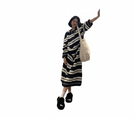🍒Loose striped t-shirt dress long sleeve plus size midi dress casual black and white outfits for women fashion clothing Secure Stripes