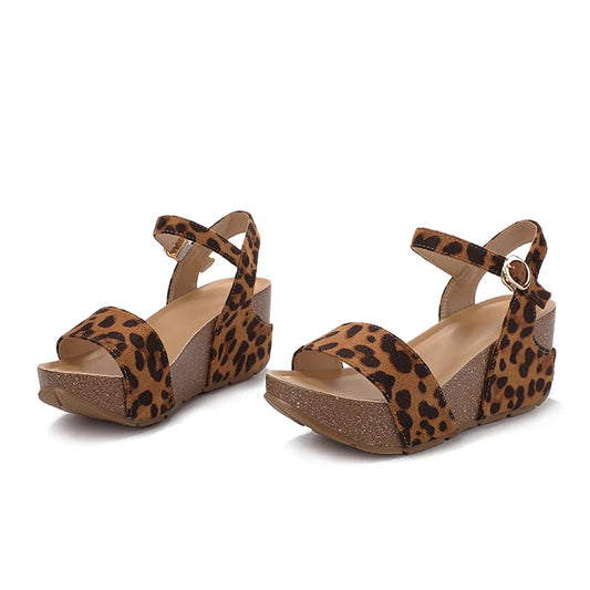 🍒Leopard wedge sandals Platform wedge shoes ankle strap peep toe high foot wear smart casual footwear women jump on leopord platform