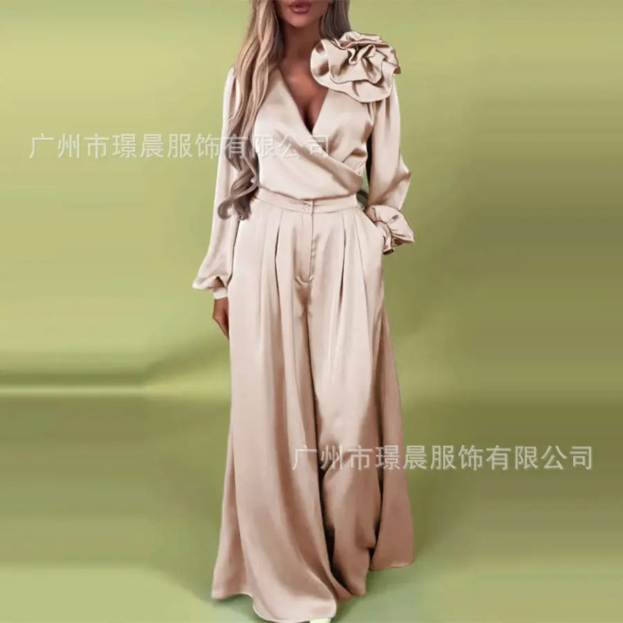 🍒Wide leg pants set elegant 3d flower satin suit for women v neck blouse plus wide leg casual loose trousers party wear occasion wear two piece Suit Yourself With Satin