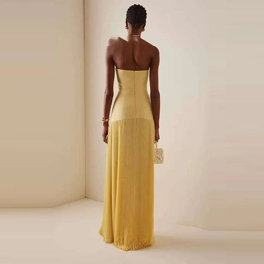 🍒Sleeveless bodice dress shoulderless tube top maxi dress high waist chic pure party gown dress fashion pleated draped long Dress Swoon In A Half Moon