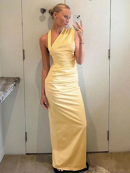 🍒Slanted neckline dress halter long dress female summer fashion ruched backless dress bodycon with back slit women's holiday party dress
