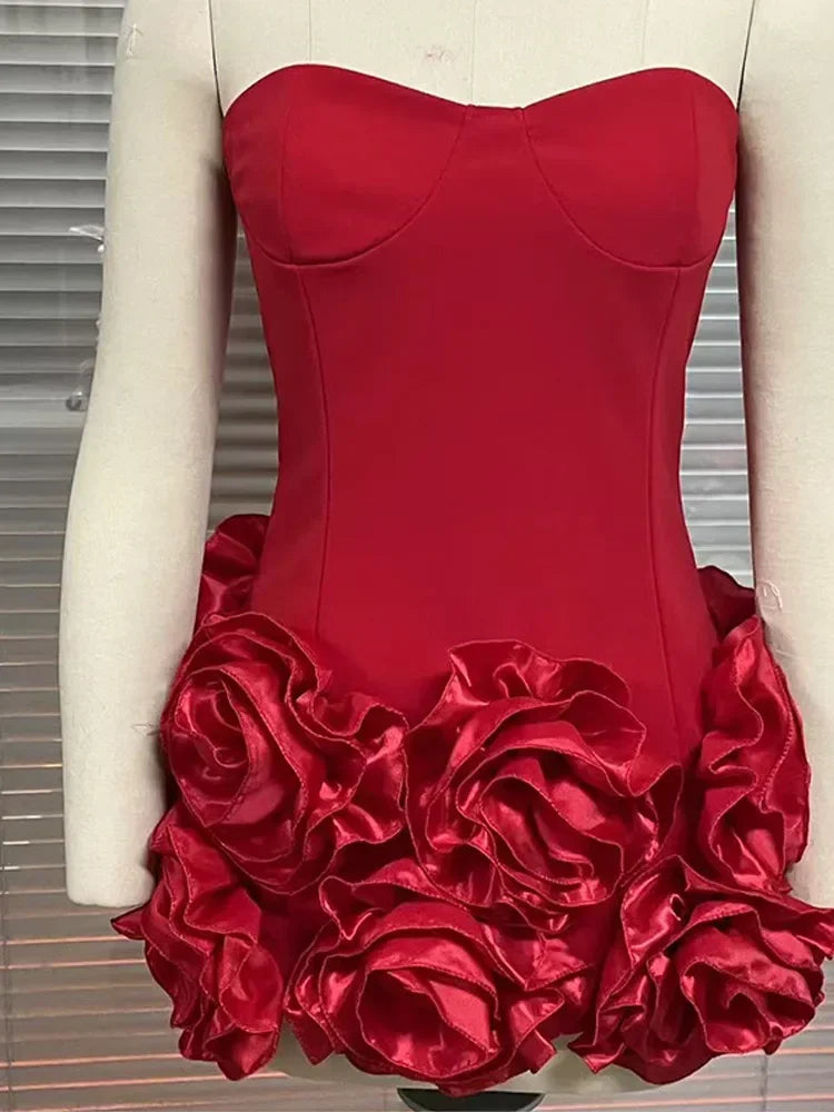 🍒Elegant red mini dress with 3D flowers women's slim fit bandeau outfit tube top dresses adjustable fishbone design party Club ocassion clothing Hot Rose