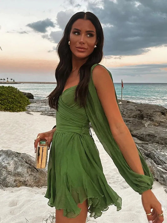 🍒Women's chiffon mini dress v-neck long sleeve split ruffle high waist outfit for holiday party fashion green beach dresses Let Them Envy You In This Green Beauty