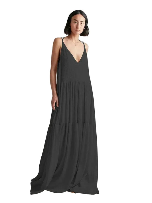 🍒Womens casual long dresses spring double v neck backless summer dress loose sling outfit beach wear holiday wear maxi fashion Fashionably Fancy