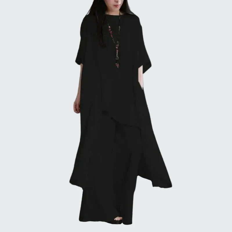 🍒Two-piece set for women shirts and pants outfit holiday cotton linen style wide leg trousers and asymetric top short sleeve blouse suit summer clothing Layback Loose Linen-y Lovely