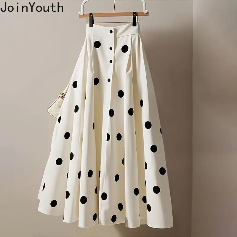 🍒White polka dot skirt midi womens high waist a-line skirt vintage outfit big swing sweet girl fashion summer clothing smart casual wear Get In The Spotlight With Dots
