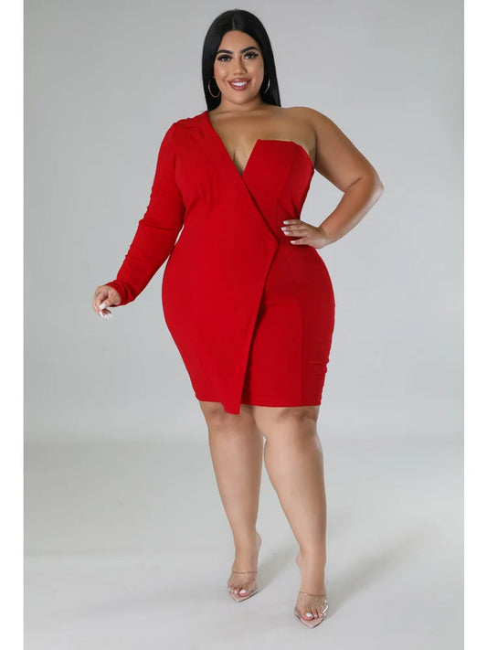 🍒One shoulder plus size dress wedding guest party outfit women v-neck single long sleeve solid suit dress mini occasion clothing Be Redy And Fresh In A Cool Dress