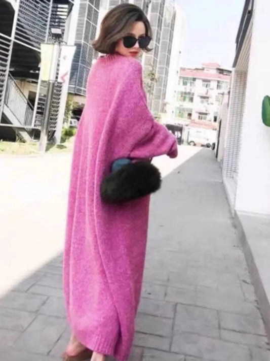 🍒 Round neck sweater dress winter woollen dresses plus size maxi outfit thick and loose oversize fashion clothing casual wear women No Sweat Sweater Dress