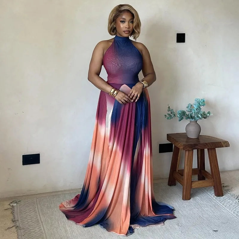 🍒Gradient dress halter neck occasion partywear clothing sleeveless backless outfits for women pleated a-line long dress, Graceful Gradient