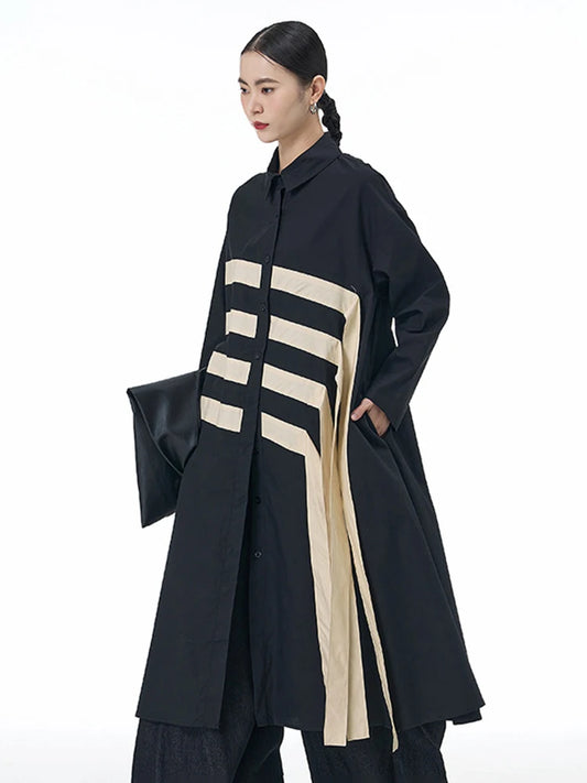 🍒black striped shirt dress women ribbon colour-block big size coat dress a-line with long sleeve and turn down collar fashion smart casual outwear Get A ZEBRA aCROSS a shirt dress cool thING