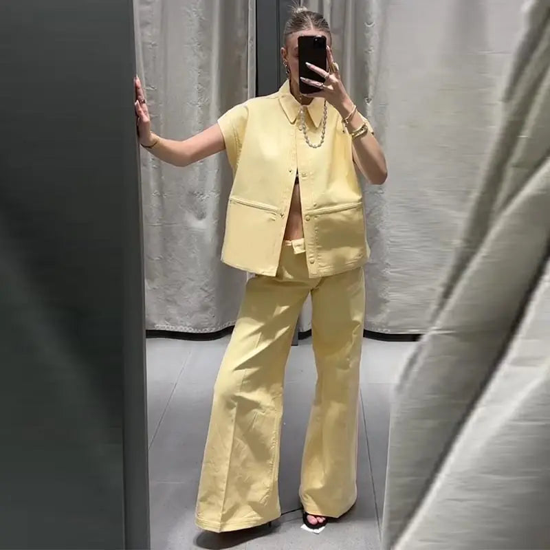 🍒Street style vest outfit with wide leg pants and short sleeve oversized jacket sets collar single-breasted waistcoat women wide leg trousers summer casual outfits No PANTing in This SLEEVELESS