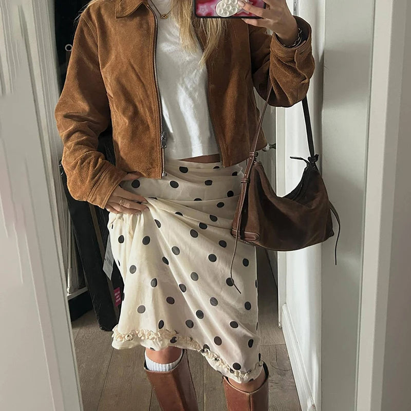 🍒Polka dot high waist skirt womens chiffon lace skirt over knees fashion office lady elegant a-line summer wear No Polka -ing Fun At This Fun Polka